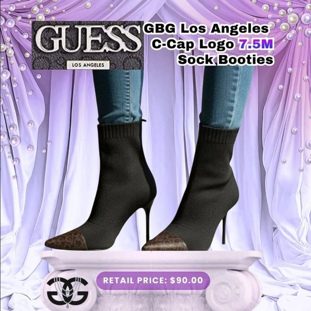 7.5 M - Guess Los Angeles sock upper Black Pointed-toe Bootie Monogram Cap Heels